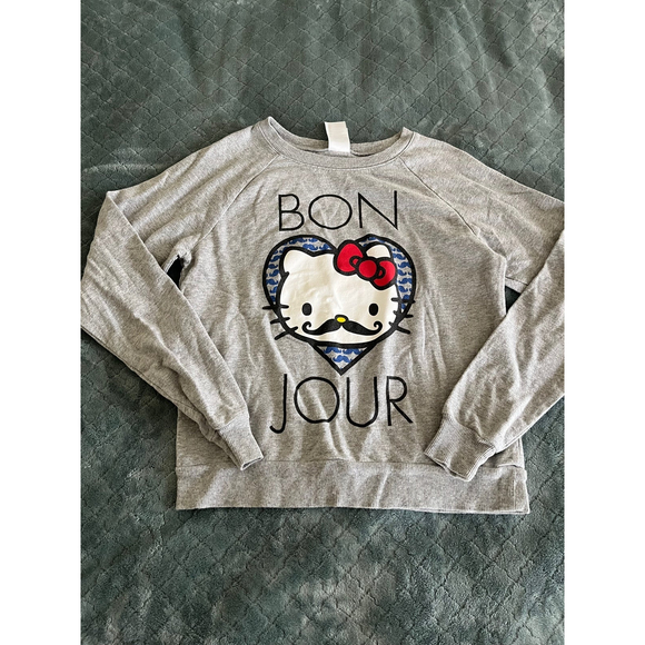 French Hello kitty w/ mustache Bon Jour crew gray Sweatshirt - Picture 1 of 4